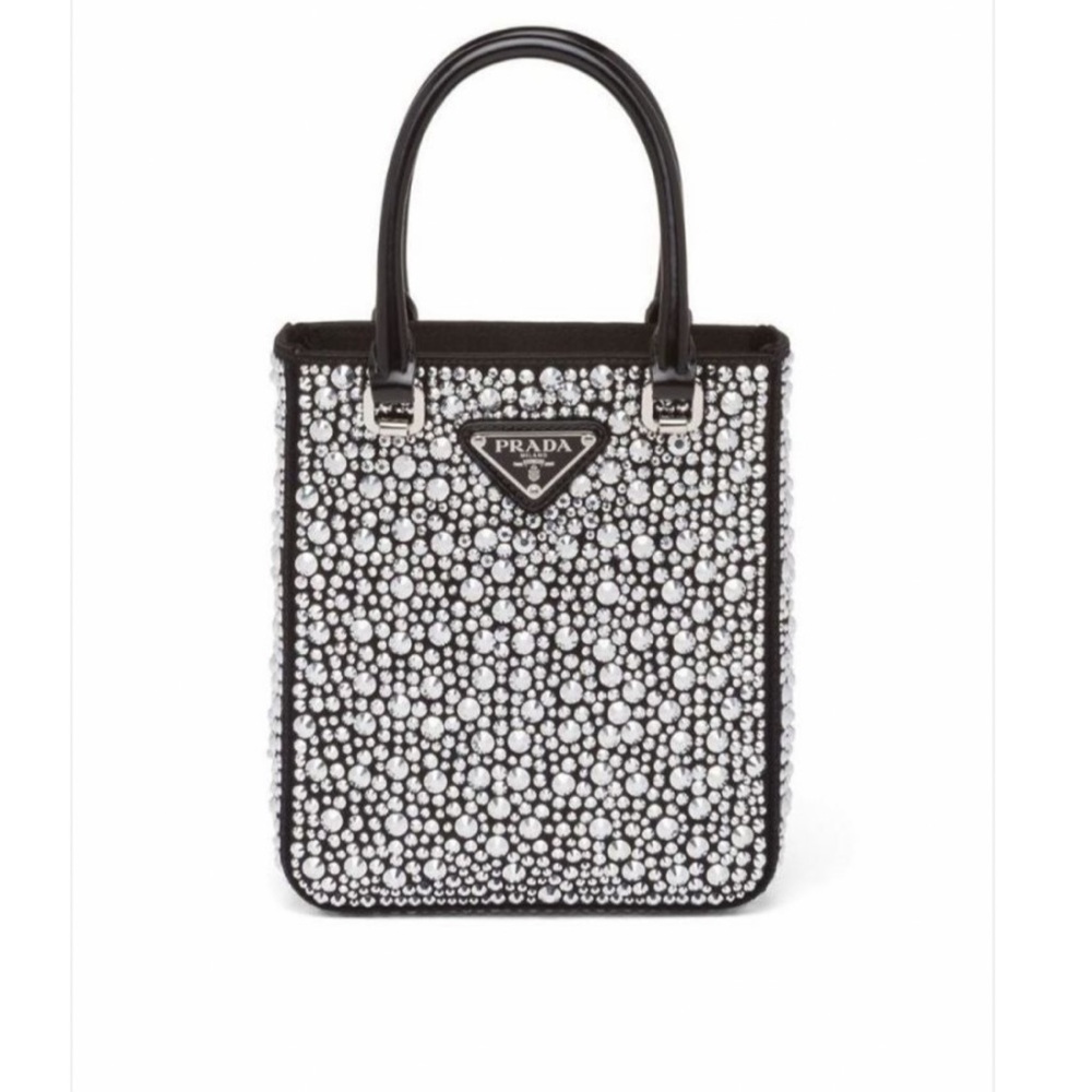 PRADA AUTH CRYSTAL & SATIN TOTE W/LEATHER HANDLES & DETACHABLE STRAP FLAWLESS - Picture 5 of 11